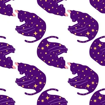 Mystical seamless pattern of cats in boho style, silhouette collection. Wit.. Stock Illustration