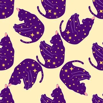 Mystical seamless pattern of cats in boho style, silhouette collection. Wit.. Stock Illustration