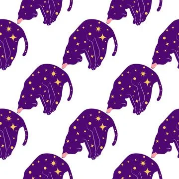 Mystical seamless pattern of cats in boho style, silhouette collection. Wit.. Stock Illustration
