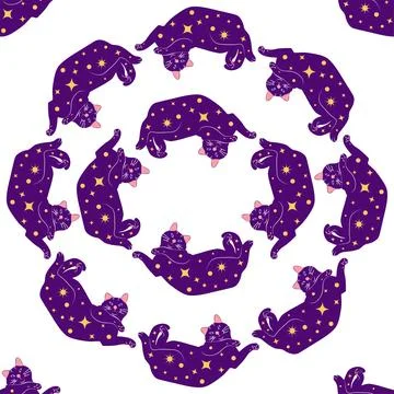 Mystical seamless pattern of cats in boho style, silhouette collection. Wit.. Stock Illustration