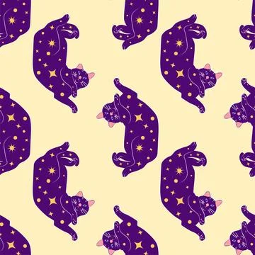 Mystical seamless pattern of cats in boho style, silhouette collection. Wit.. Illustrazione stock