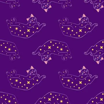 Mystical seamless pattern of cats in boho style, silhouette collection. Wit.. Stockillustratie