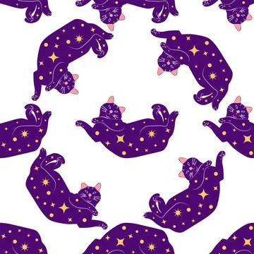 Mystical seamless pattern of cats in boho style, silhouette collection. Wit.. Stock Illustration