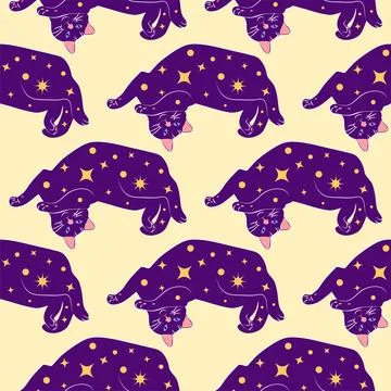 Mystical seamless pattern of cats in boho style, silhouette collection. Wit.. Illustrazione stock