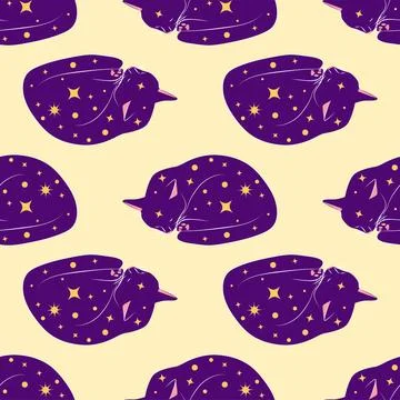 Mystical seamless pattern of cats in boho style, silhouette collection. Wit.. Stock Illustration