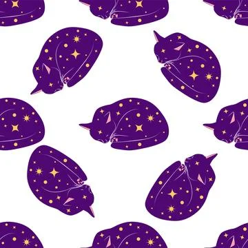 Mystical seamless pattern of cats in boho style, silhouette collection. Wit.. Stock Illustration