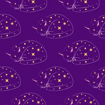 Mystical seamless pattern of cats in boho style, silhouette collection. Wit.. Stock Illustration
