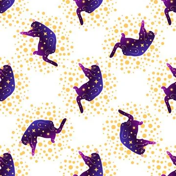 Mystical seamless pattern of cats in boho style, silhouette collection. Esote Stock Illustration