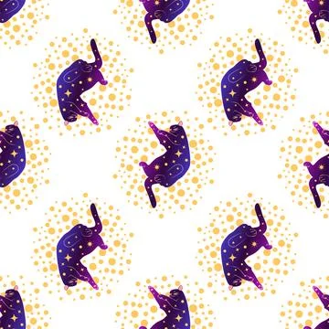 Mystical seamless pattern of cats in boho style, silhouette collection. Wit.. Stock Illustration