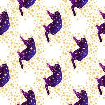 Mystical seamless pattern of cats in boho style, silhouette collection. Esote Stock Illustration