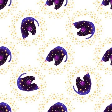 Mystical seamless pattern of cats in boho style, silhouette collection. Esote Illustrazione stock