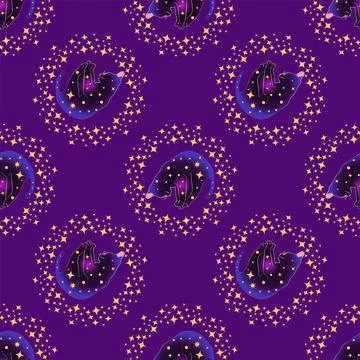 Mystical seamless pattern of cats in boho style, silhouette collection. Esote Stock Illustration