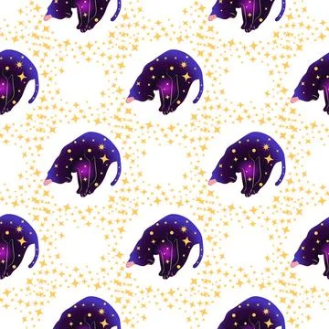 Mystical seamless pattern of cats in boho style, silhouette collection. Esote Stock Illustration