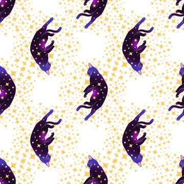 Mystical seamless pattern of cats in boho style, silhouette collection. Esote Illustrazione stock