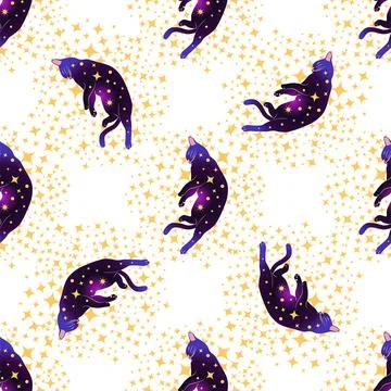 Mystical seamless pattern of cats in boho style, silhouette collection. Esote Stock Illustration