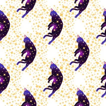 Mystical seamless pattern of cats in boho style, silhouette collection. Esote Stock Illustration