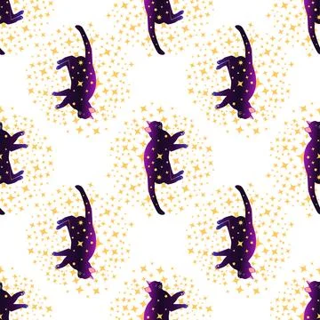 Mystical seamless pattern of cats in boho style, silhouette collection. Esote Stock Illustration