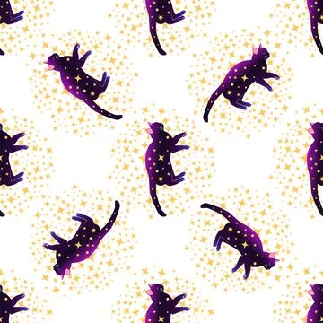 Mystical seamless pattern of cats in boho style, silhouette collection. Esote Stock Illustration