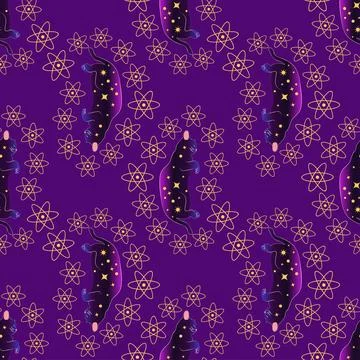 Mystical seamless pattern of cats in boho style, silhouette collection. Wit.. Stock Illustration