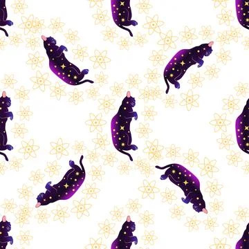 Mystical seamless pattern of cats in boho style, silhouette collection. Wit.. Stock Illustration