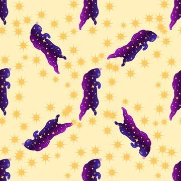 Mystical seamless pattern of cats in boho style, silhouette collection. Wit.. Stock Illustration