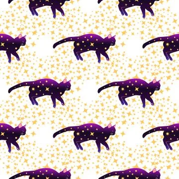 Mystical seamless pattern of cats in boho style, silhouette collection. Esote Stock Illustration