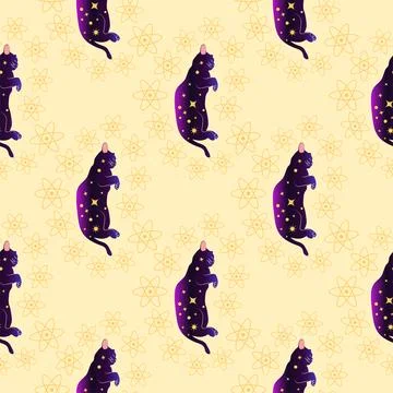 Mystical seamless pattern of cats in boho style, silhouette collection. Wit.. Stock Illustration