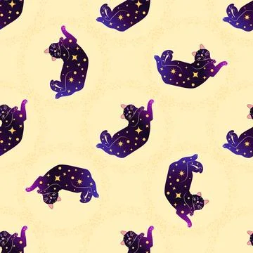 Mystical seamless pattern of cats in boho style, silhouette collection. Wit.. Stock Illustration