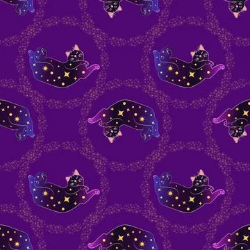 Mystical seamless pattern of cats in boho style, silhouette collection. Wit.. Stock Illustration