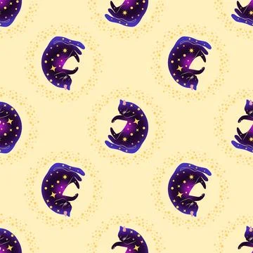 Mystical seamless pattern of cats in boho style, silhouette collection. Esote Stock Illustration
