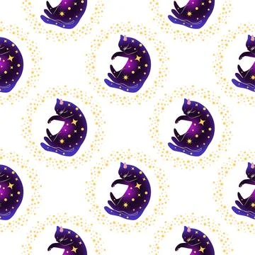 Mystical seamless pattern of cats in boho style, silhouette collection. Esote Stock Illustration