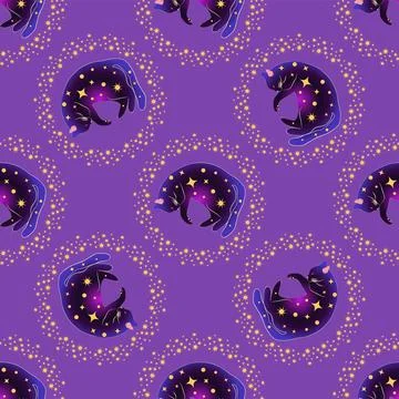 Mystical seamless pattern of cats in boho style, silhouette collection. Esote Stock Illustration