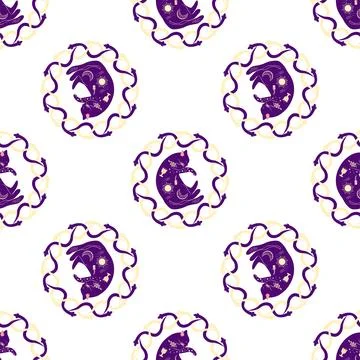Mystical seamless pattern of cats in boho style, silhouette collection. Esote Stockillustratie