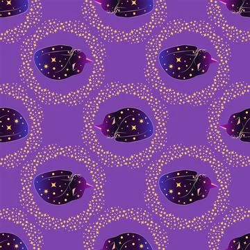 Mystical seamless pattern of cats in boho style, silhouette collection. Esote Stock Illustration