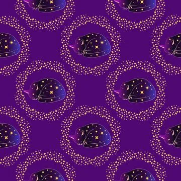 Mystical seamless pattern of cats in boho style, silhouette collection. Wit.. Stock Illustration