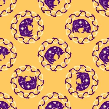 Mystical seamless pattern of cats in boho style, silhouette collection. Esote Stock Illustration