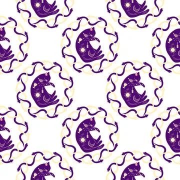 Mystical seamless pattern of cats in boho style, silhouette collection. Esote Stock Illustration
