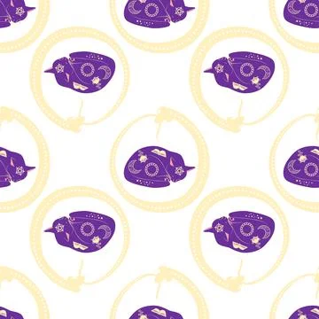 Mystical seamless pattern of cats in boho style, silhouette collection. Esote Stock Illustration