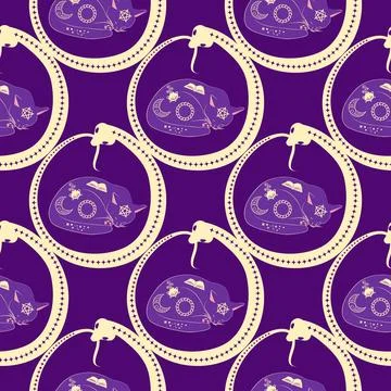 Mystical seamless pattern of cats in boho style, silhouette collection. Wit.. Stock Illustration