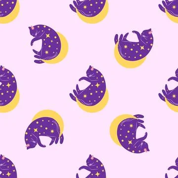 Mystical seamless pattern of cats in boho style, silhouette collection. Esote Stock Illustration