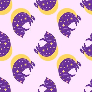 Mystical seamless pattern of cats in boho style, silhouette collection. Esote Stock Illustration