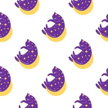 Mystical seamless pattern of cats in boho style, silhouette collection. Esote Stock Illustration