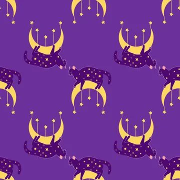Mystical seamless pattern of cats in boho style, silhouette collection. Wit.. Stock Illustration