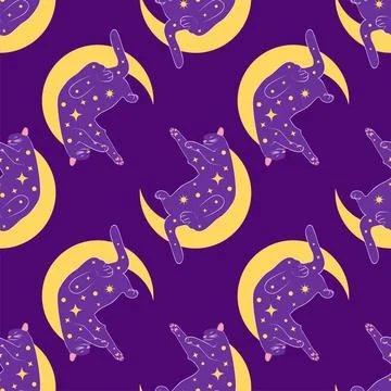 Mystical seamless pattern of cats in boho style, silhouette collection. Wit.. Stock Illustration