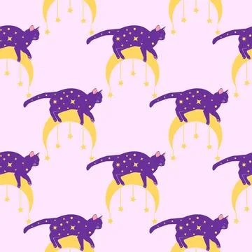 Mystical seamless pattern of cats in boho style, silhouette collection. Wit.. Stock Illustration