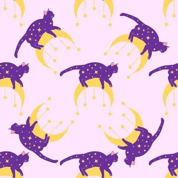 Mystical seamless pattern of cats in boho style, silhouette collection. Wit.. Stock Illustration