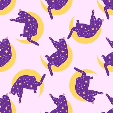 Mystical seamless pattern of cats in boho style, silhouette collection. Wit.. Stock Illustration