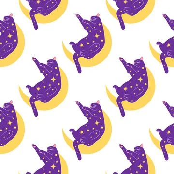 Mystical seamless pattern of cats in boho style, silhouette collection. Esote Stock Illustration