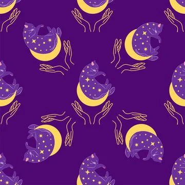 Mystical seamless pattern of cats in boho style, silhouette collection. Wit.. Stock Illustration