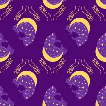 Mystical seamless pattern of cats in boho style, silhouette collection. Wit.. Stock Illustration